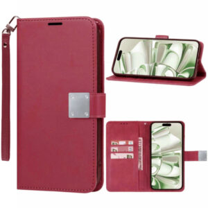 Elegant Leather Wallet Case with Wristlet Strap - RED for iPhone 16