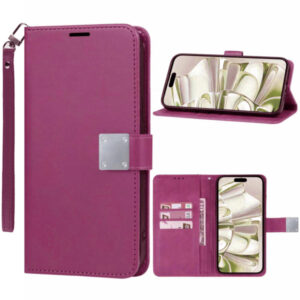 Elegant Leather Wallet Case with Wristlet Strap - PINK for iPhone 16 (Only Ground Shipping)