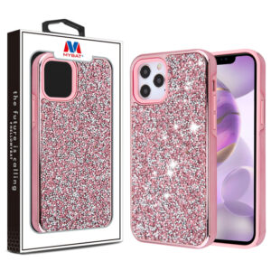 Encrusted Rhinestones Hybrid Case for Apple iPhone 12 Pro Max (6.7) - Electroplated Pink / Pink